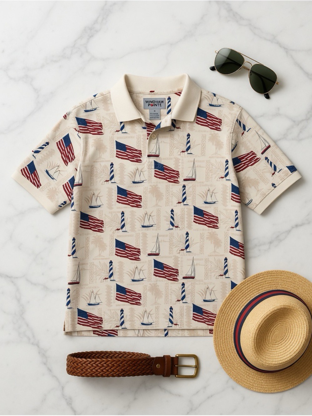 Windham Pointe Men's Beige Nautical Print Polo